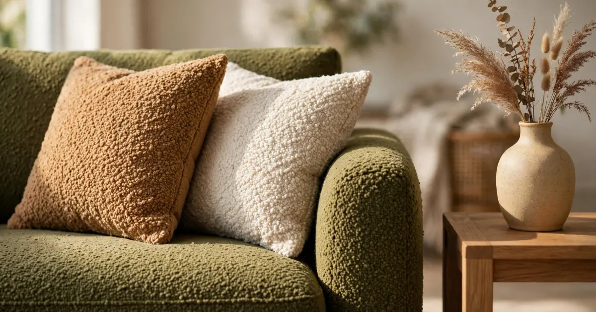 Olive green fabric sofa with caramel and cream cushions in a living room
