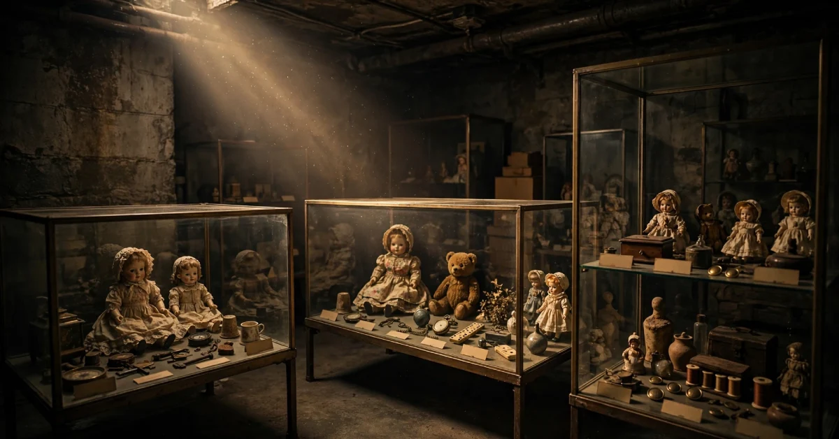 Glass display cases inside a dim museum room styled like the Warren Occult Museum
