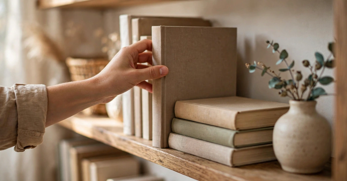 Hands tidying a home shelf as part of a weekly decluttering habit