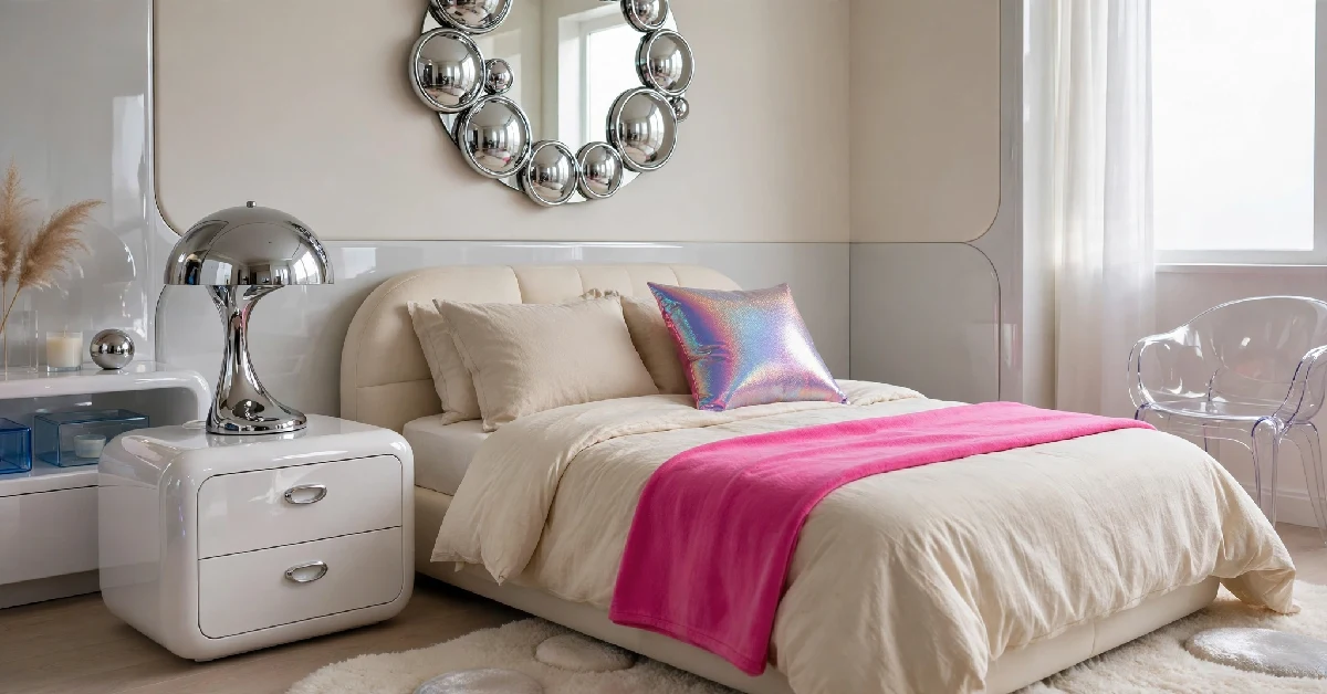 Y2K bedroom with a chrome lamp, glossy nightstand, and iridescent accent pillow