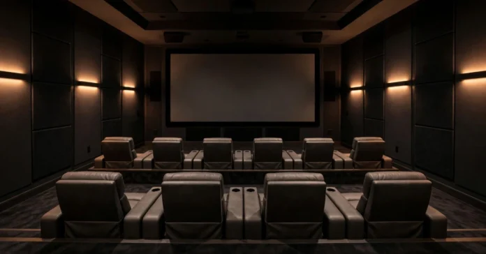 Modern home theatre room design with a large screen, tiered recliner seating, and dimmed wall lighting