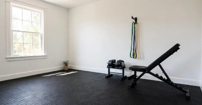 Bright home gym with rubber flooring, adjustable dumbbells, and folding bench beside a window