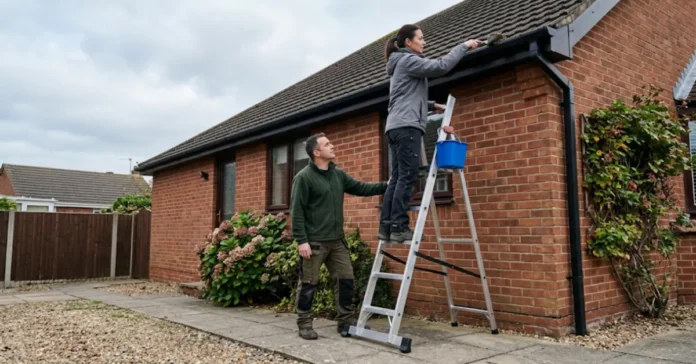 Homeowner setting up a ladder for gutters on firm ground beside a brick house