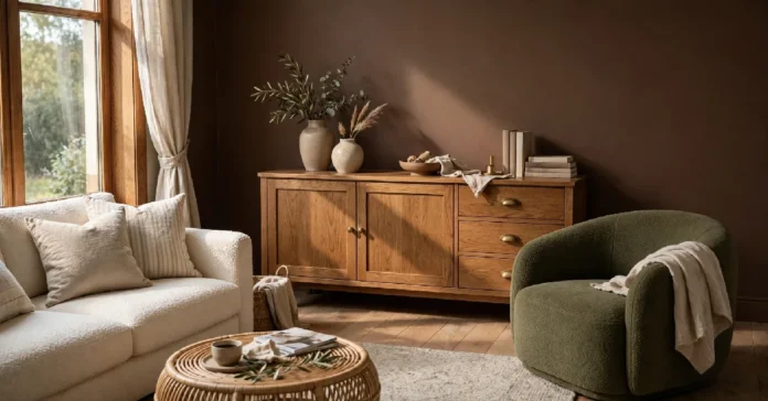 Oak furniture decorating ideas with a wooden sideboard, cream sofa, and wool rug in a living room