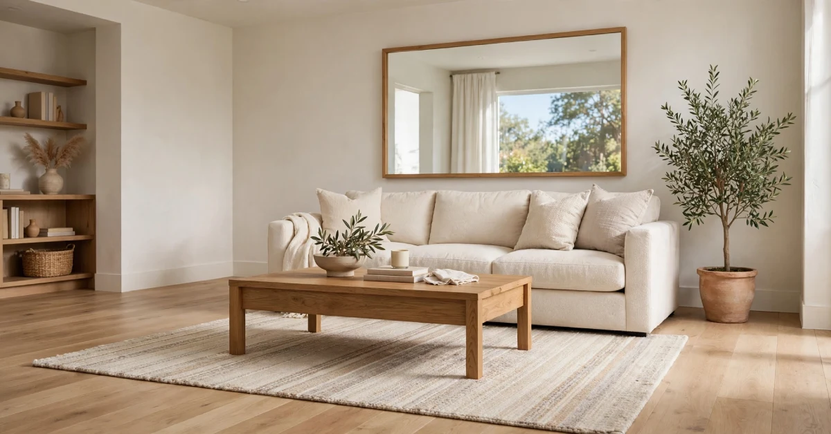 Living room with oak coffee table, cream sofa, and wool rug in natural light