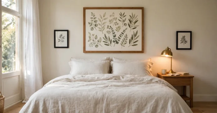 Bedroom with a large botanical poster above a queen bed and matching black frames beside a nightstand