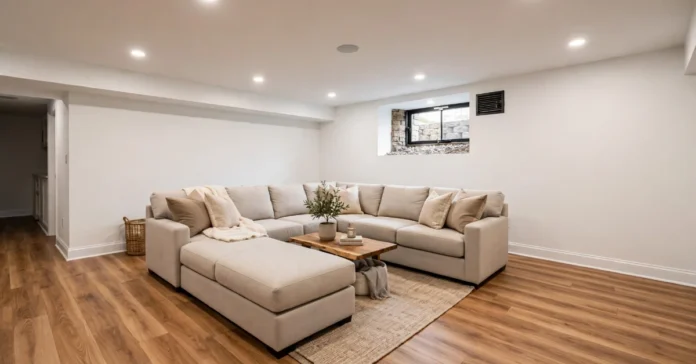 Finished basement remodeling in Buffalo NY with moisture-resistant walls, vinyl flooring, and a drop ceiling