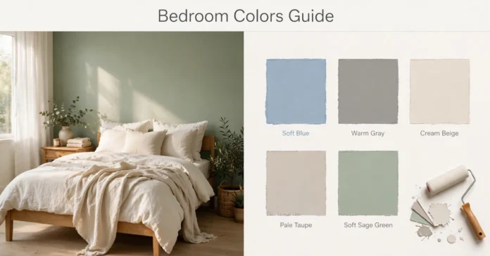 Bedroom colors guide showing soft blue, green, gray, and cream paint swatches for choosing the best bedroom color ideas