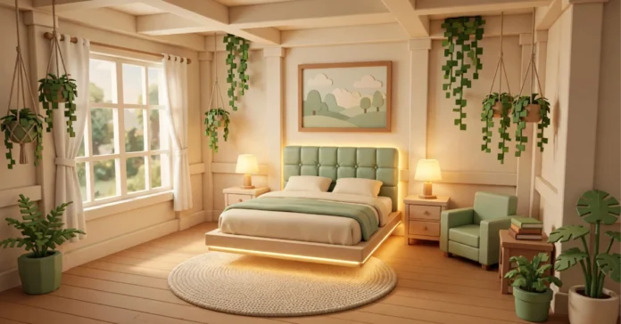 Cozy Bloxburg bedroom ideas with a tufted bed, warm lamps, soft rug, and green plants