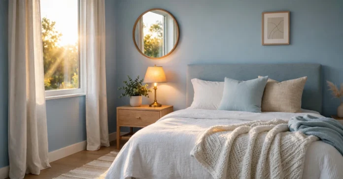 Serene blue bedroom with soft blue walls, white bedding, and warm lighting creating a calm and restful retreat design