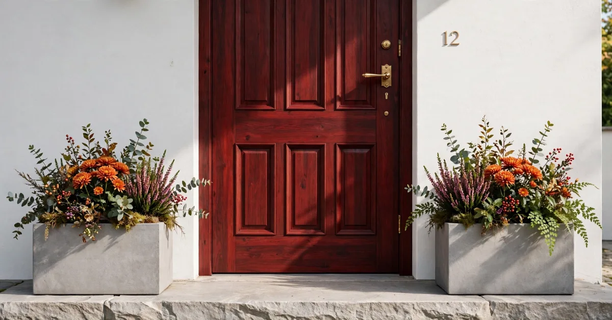 Deep red front door flanked by matching planters with seasonal flowers and white walls