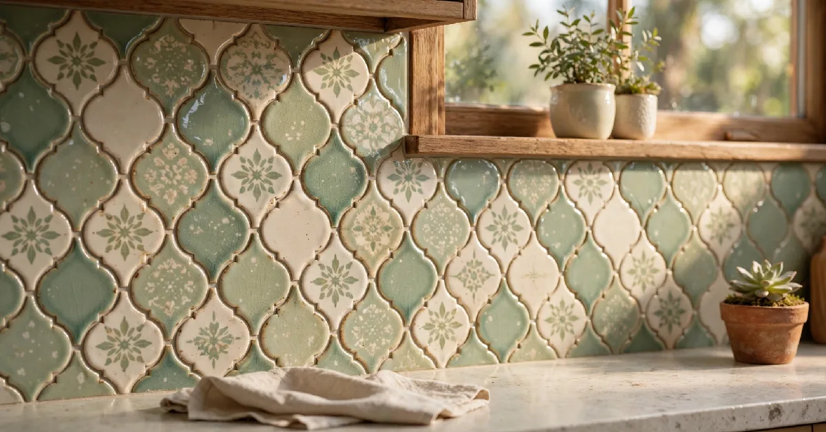 Kitchen backsplash finished with glazed ceramic wall tiles in sage green and cream