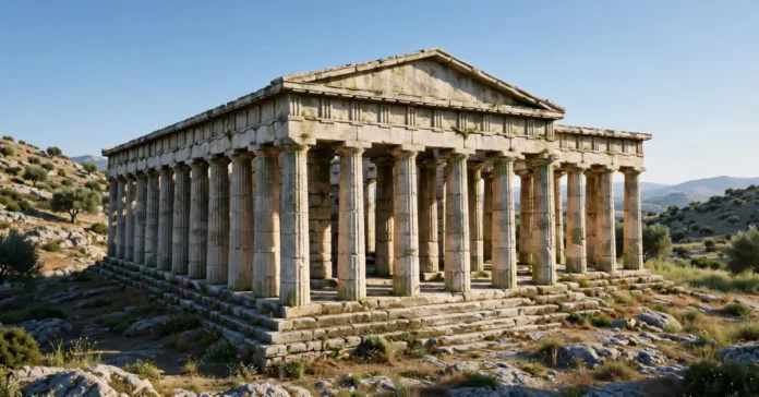 Sunlit Greek temple with rows of Doric columns and a triangular pediment