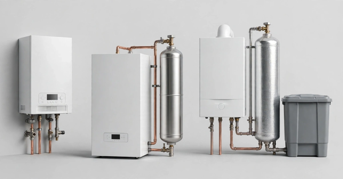 Side-by-side comparison of combi, system, and regular boiler setups on a light background