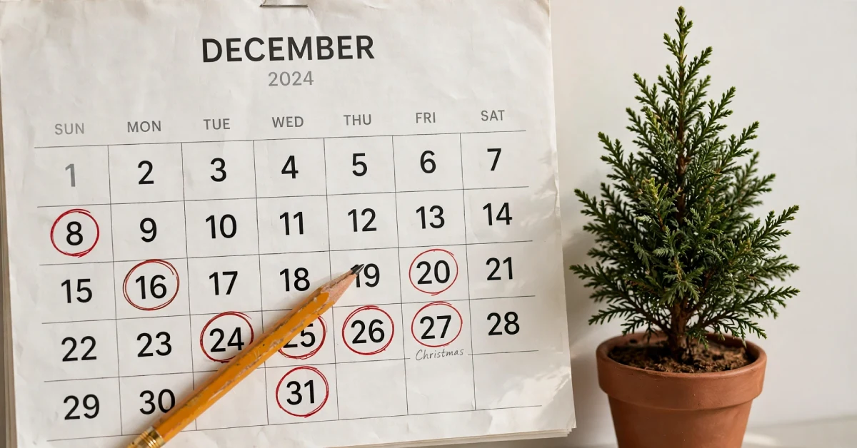 Paper December calendar with circled holiday dates and a pencil