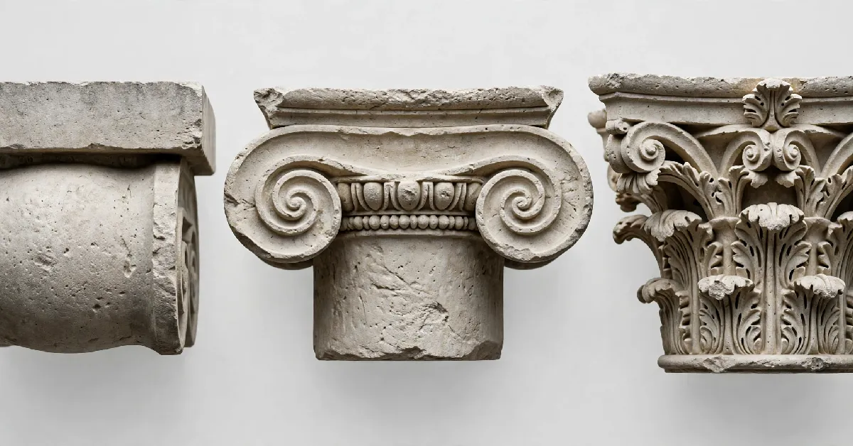 Close-up comparison of Doric, Ionic, and Corinthian column capitals in stone