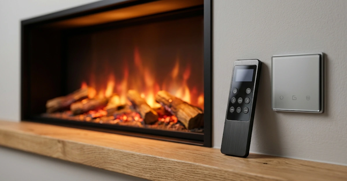 Close-up of a remote and thermostat controlling a modern electric fireplace heat setting