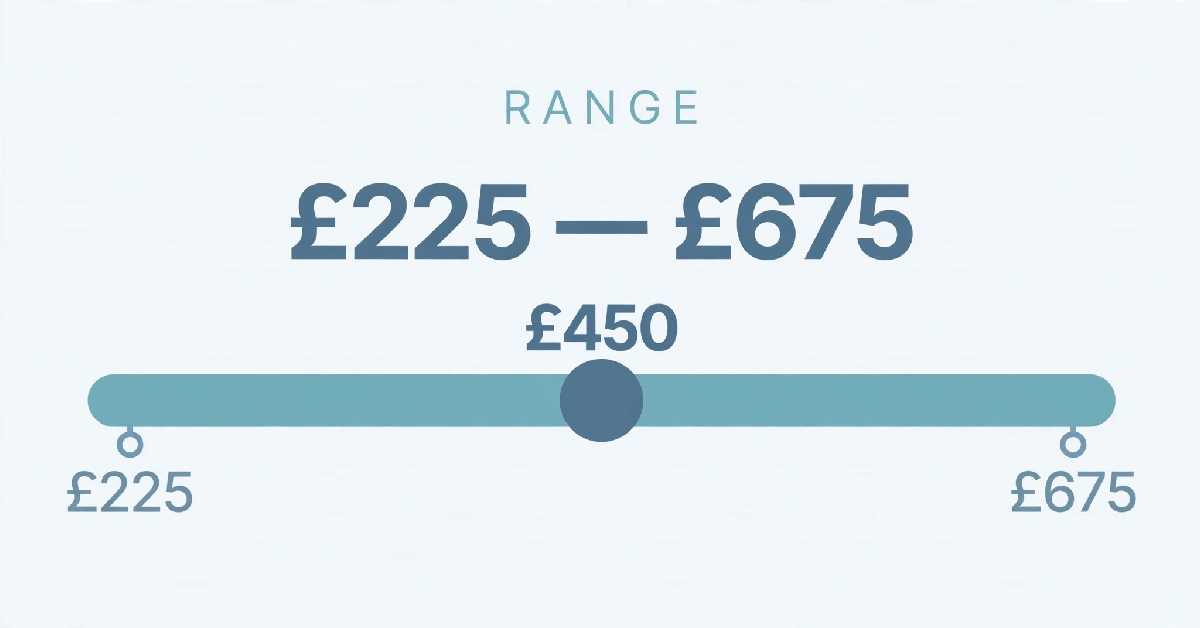 Clean infographic showing typical UK emergency boiler repair costs ranging from £225 to £675