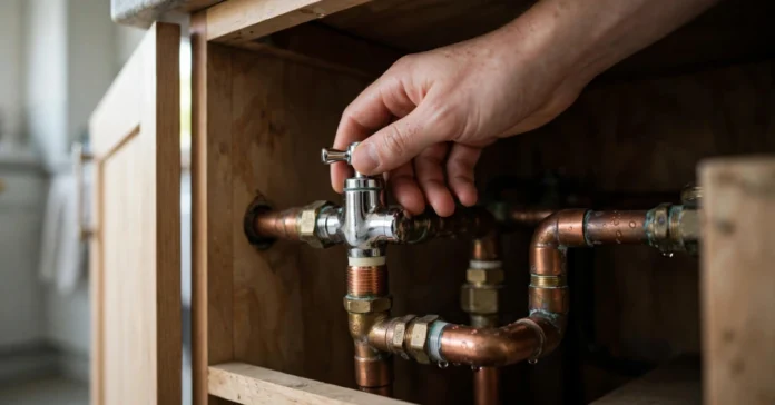 Emergency Hot Water Repairs Hand turning a stopcock valve under a kitchen sink to shut off a home water supply