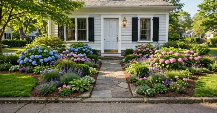 Front yard with neat lawn edges, layered plants, and a bright front door