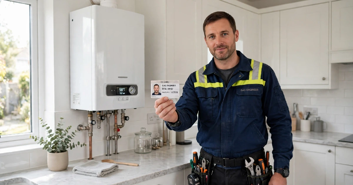 Engineer holding a photo identity card while standing beside a wall-mounted boiler in a UK home