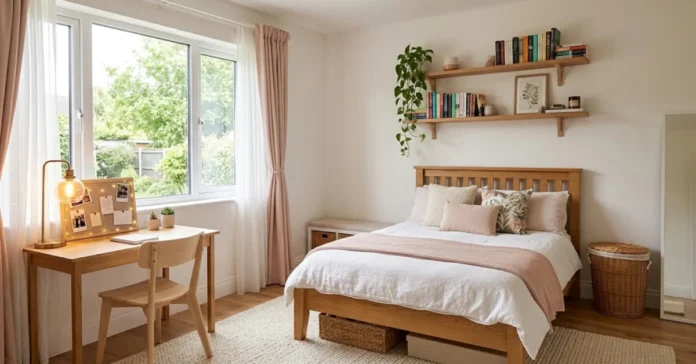 Girls bedroom with light walls, wooden bed, desk by window, and floating shelves