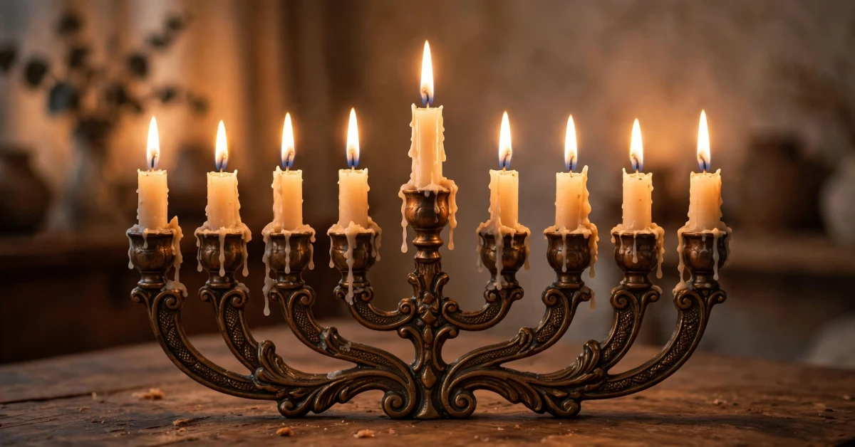 Bronze menorah with lit candles on a wooden table during Hanukkah