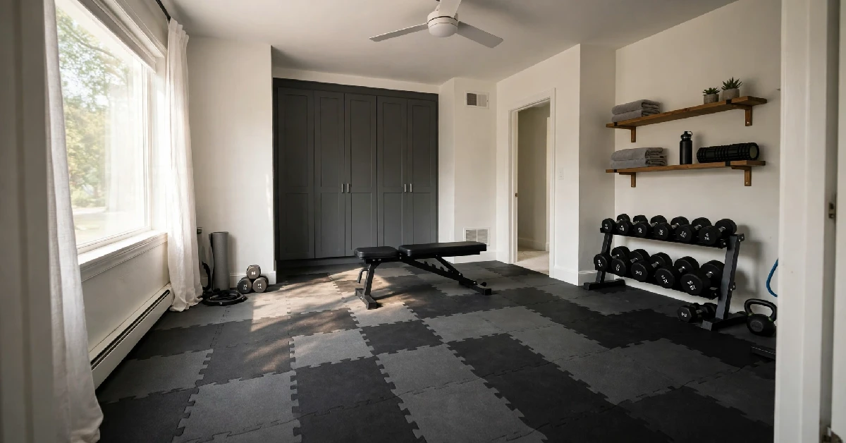 Spare bedroom converted into a home gym with rubber flooring and open floor space around a flat bench