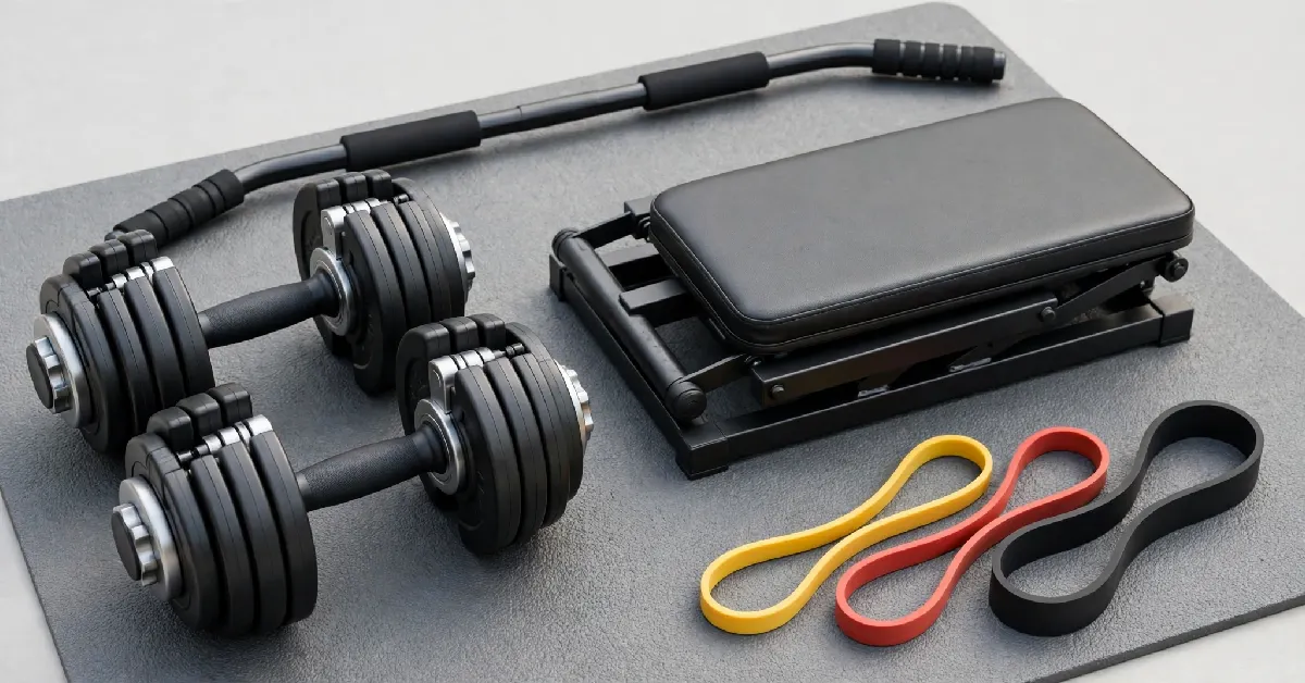 Adjustable dumbbells, folding bench, and resistance bands arranged on a rubber gym mat