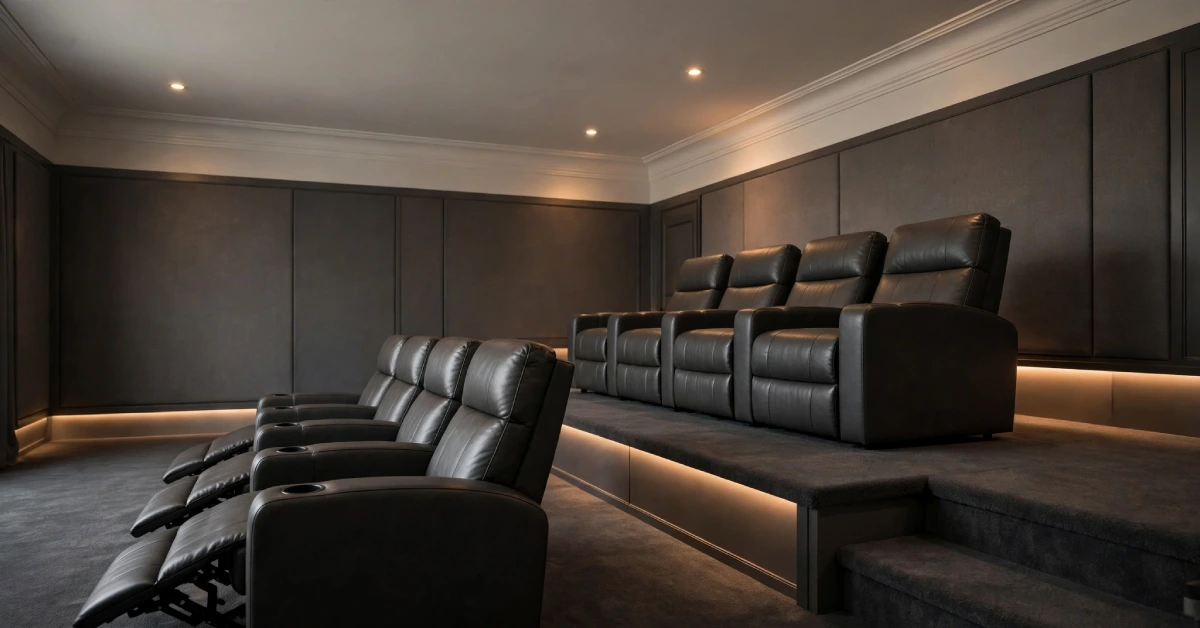 Side view of a home theatre riser with clear headroom above the back row seats