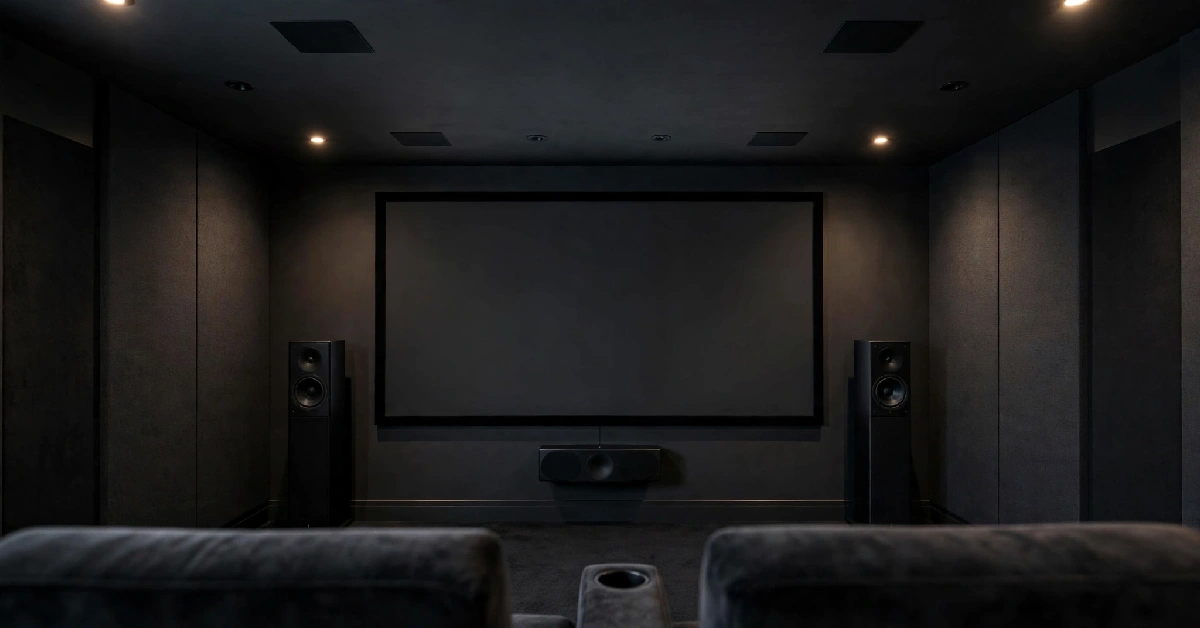 Front view of a home theatre with speakers placed at screen height and in-ceiling speakers overhead