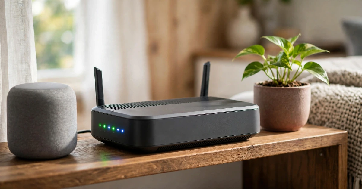 Modern Wi-Fi router on a living room shelf beside a smart speaker and a small potted plant.