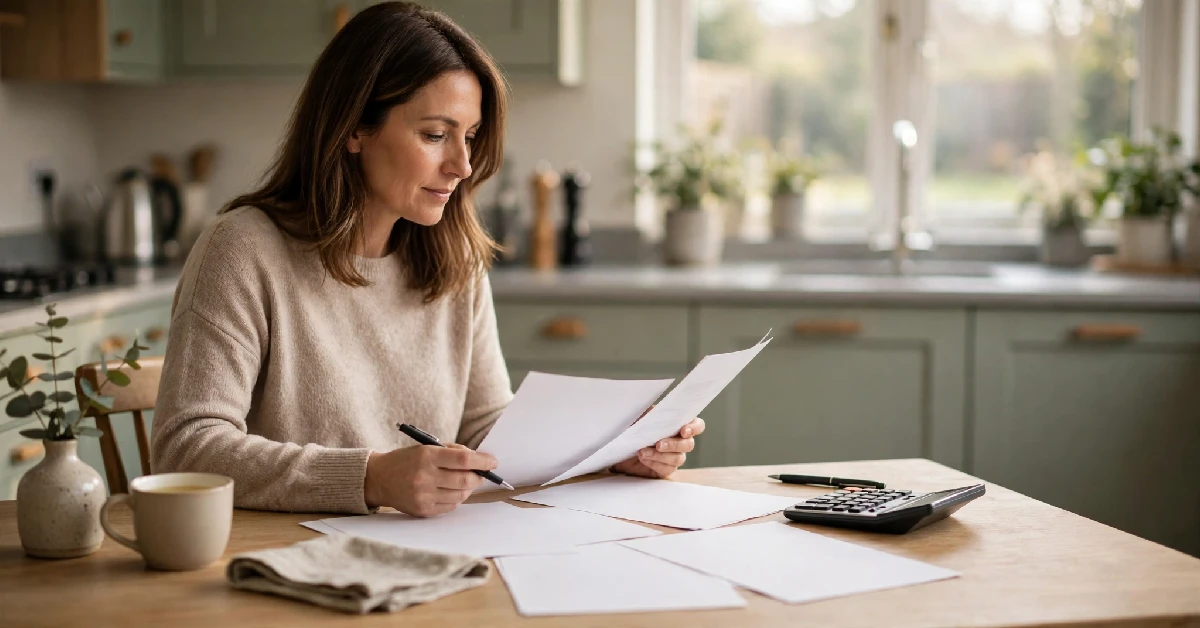 Homeowner comparing printed boiler installation quotes at a kitchen table