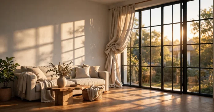 Sunlit living room with a partly drawn linen curtain blocking afternoon heat from a large window