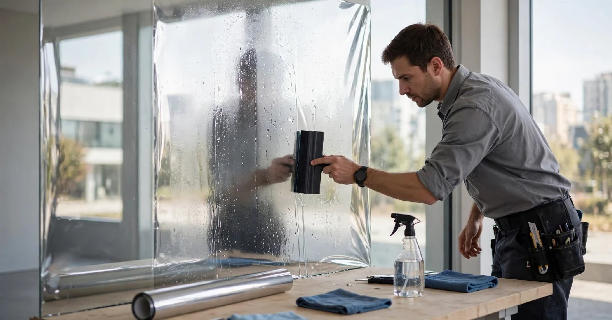 Installer smoothing reflective window film onto a large pane with a squeegee