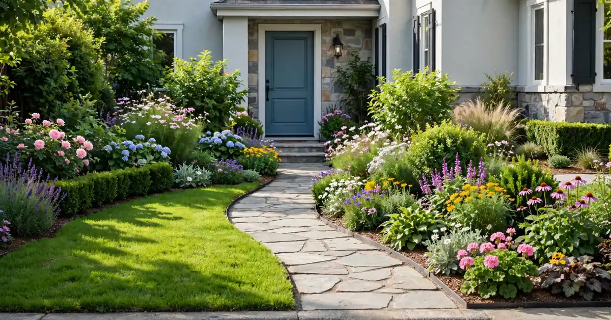 Front yard with a neatly edged lawn, layered shrubs, and a stone path leading to the front door