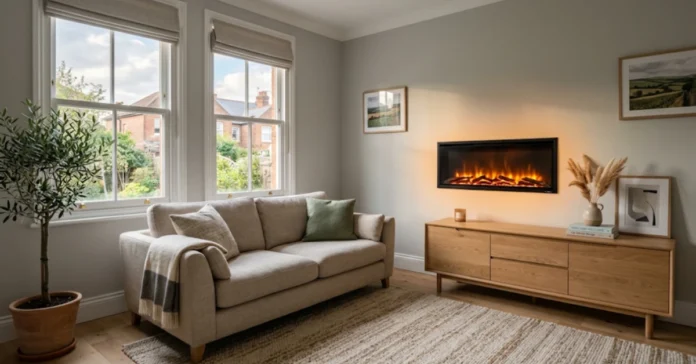Modern electric fireplaces in a bright UK living room with a warm flame glow on a light grey wall