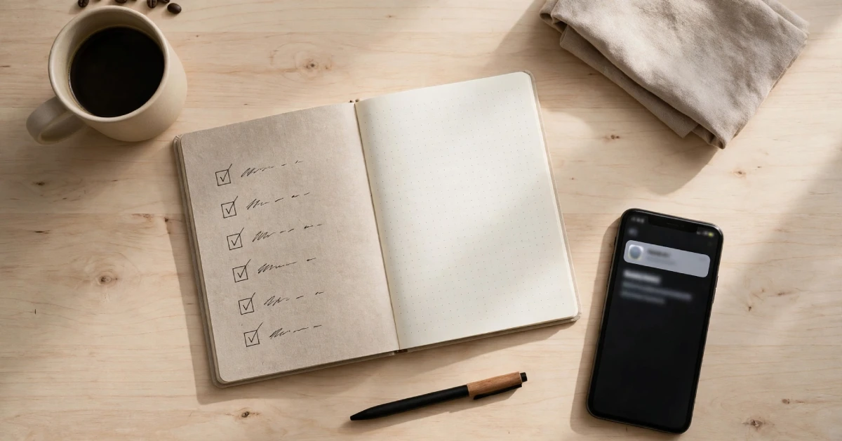 Notebook checklist, smartphone with a notification, and a coffee mug on a light wooden desk.