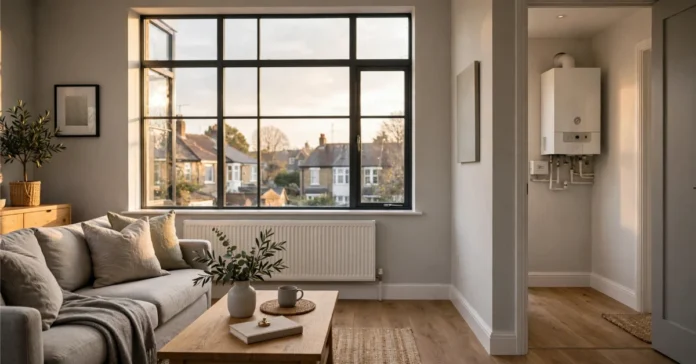 Bright British living room with a radiator and a modern boiler in the hallway