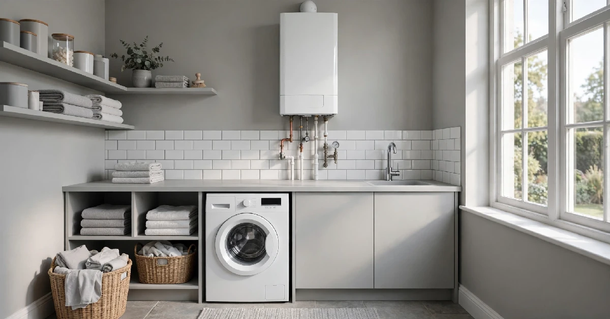 Modern white wall-mounted condensing boiler fitted in a bright British utility room