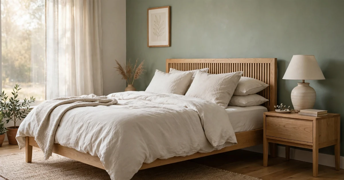 Bedroom with light oak bed frame, sage wall, and linen bedding in morning light