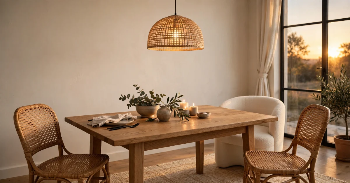Oak dining table with rattan and curved upholstered chairs under a pendant light