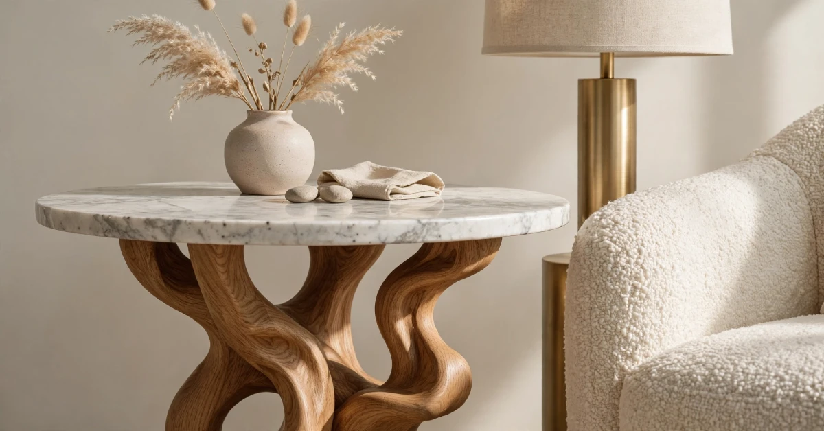 Marble-topped side table on oak base beside bouclé chair and brass lamp