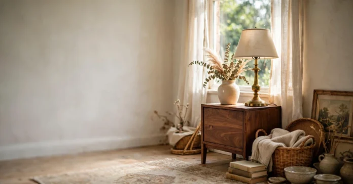 Online thrift store home decor with a vintage brass lamp, vase, and wooden side table