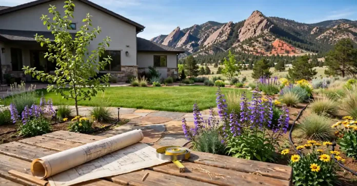 Homeowner planning your Colorado landscape installation with plants, lawn, and drip irrigation