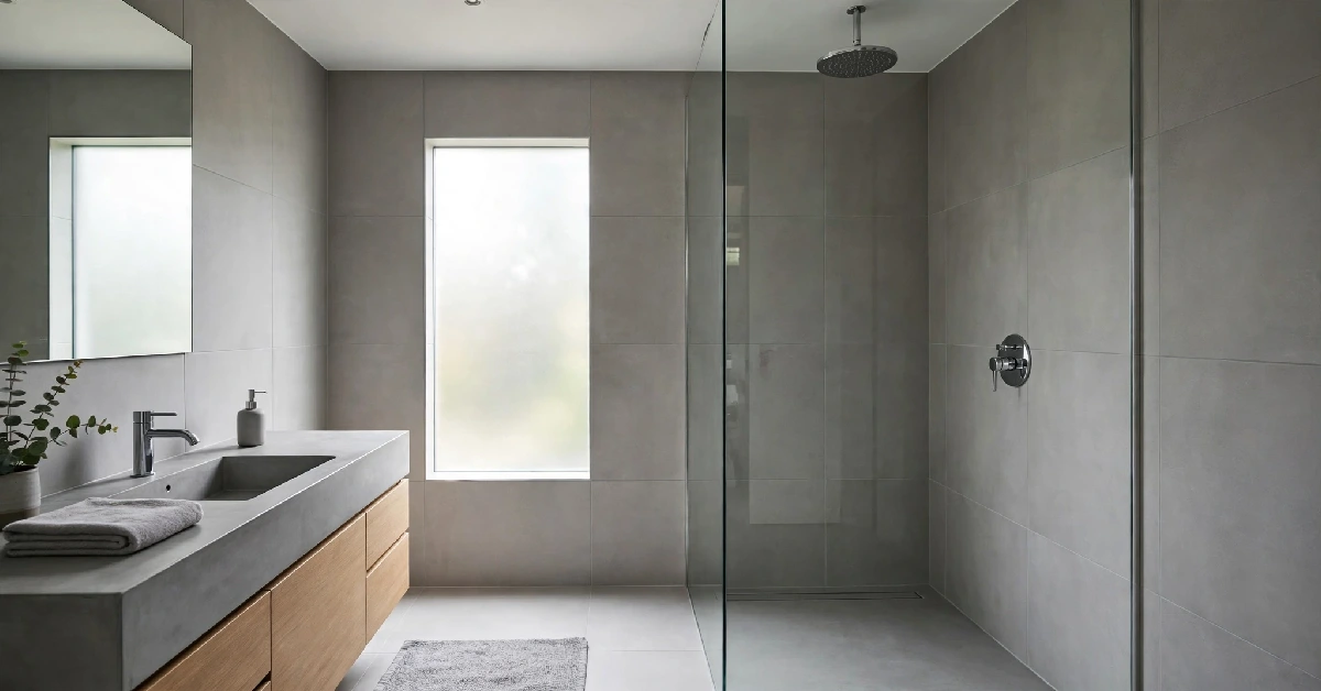 Modern walk-in shower with large grey porcelain floor and wall tiles and thin grout lines