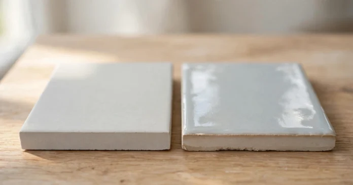 Side-by-side samples of unglazed porcelain tile and glazed ceramic tile showing surface and edge differences