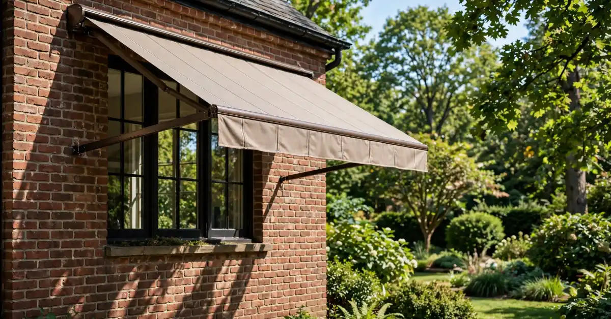 Extended retractable awning shading a south-facing window on a brick house