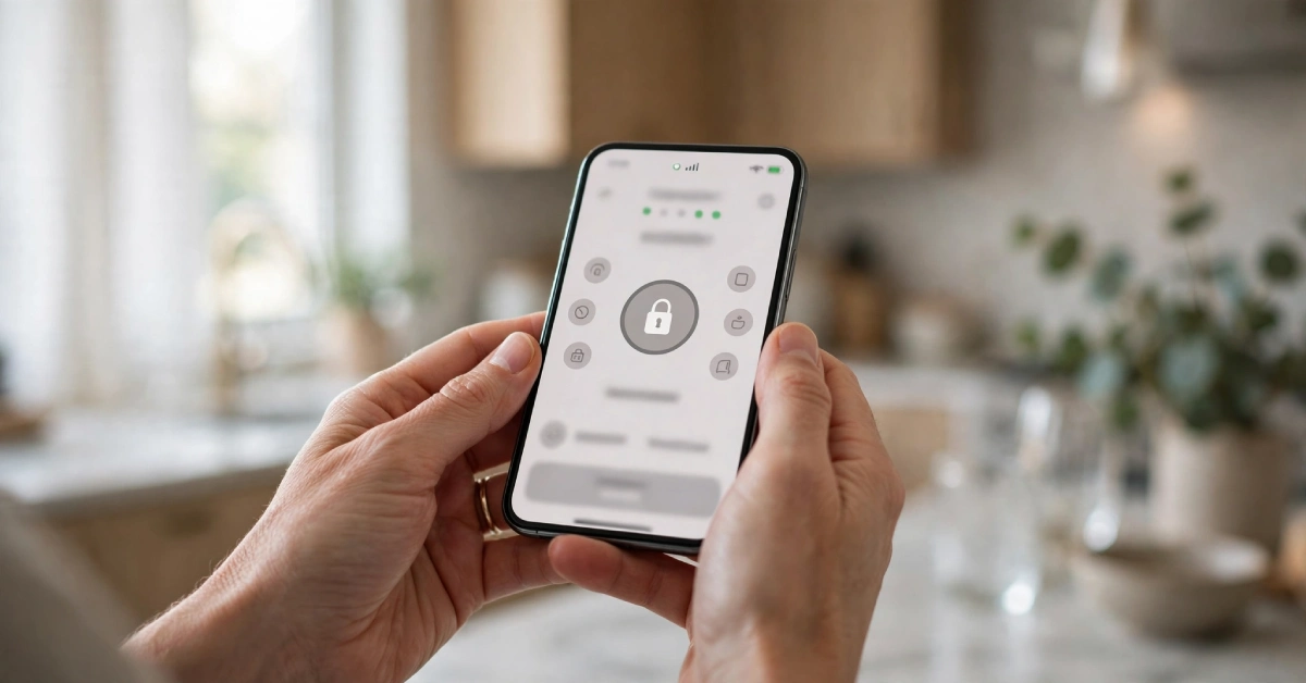 Homeowner holding a smartphone with a smart home app open, showing a door lock status screen in a bright kitchen.