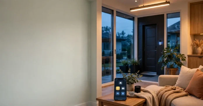 Modern living room with a smart doorbell glowing near the front door at dusk.